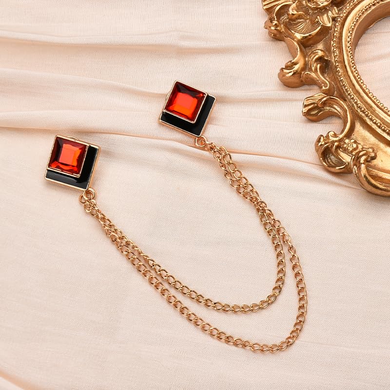 Image of Gem Brooch Pins Hanging Chain Lapel Pin for Men Suits Shirt Collar Brooch Square Crystal Brooch Pin Rhinestone Lapel Pins for Men Tassel Chain Brooch Collar Pins Business Suit Shirt Accessories