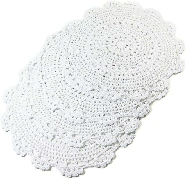 kilofly Handmade Crochet Round Cotton Lace Table Placemats Doilies Value Pack [Set of 4], Medallion, 34.0 x 34.5 cm, White