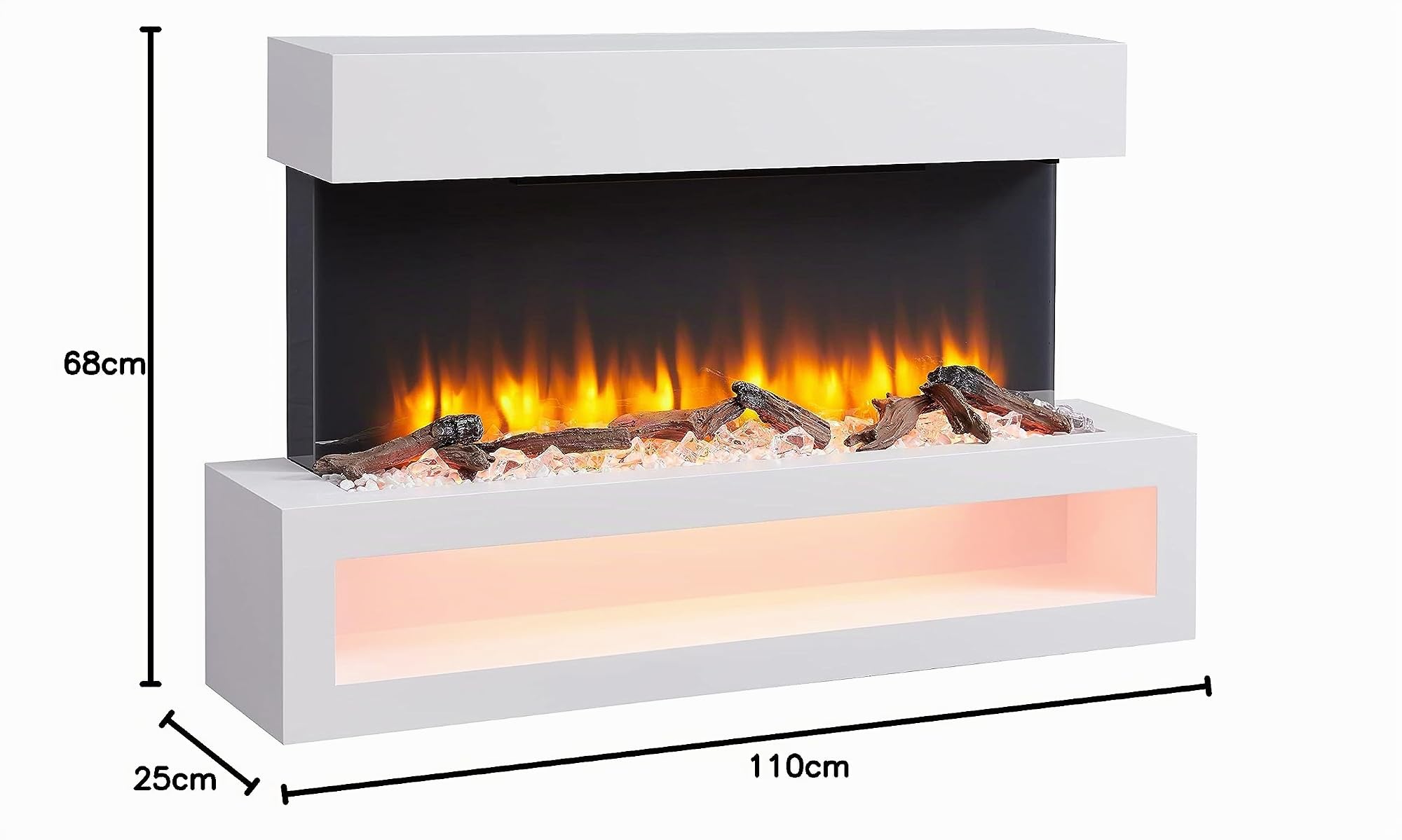 BALDERIA camino elettrico Nikos | Caminetto elettrico a muro effetto fiamma 3D | Riscaldamento elettrico 2000 W, luce LED | Focolare sospeso a parete con telecomando, timer, termostato | Bianco