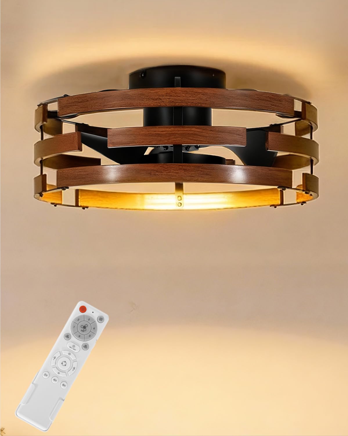 Photo 1 of Roomratv Farmhouse Fandelier Ceiling Fan with Lights Flush Mount, 20'' Caged Bladeless Ceiling Fan with Remote,Enclosed Small Fan Light Fixtures Low Profile for Rustic Bedroom Kitchen