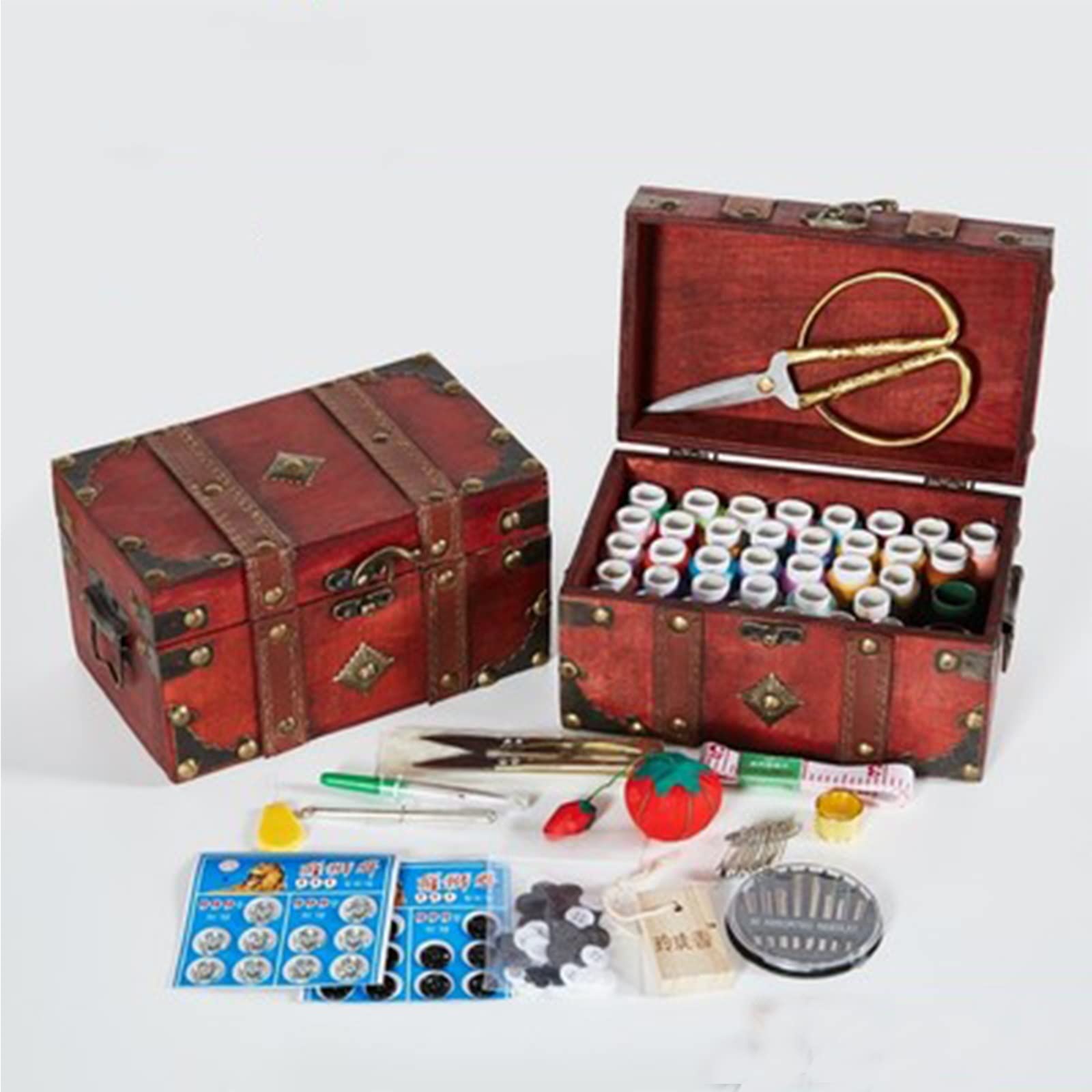Pudełko Do Szycia, Vintage Organizer Box Zestaw Nici Przenośny Zestaw Do Szycia Drewniany Zestaw Narzędzi Do Naprawy Dla Kobiet Mężczyźni Dorośli Dziewczyny Dzieci Małe Drewniane Pudełko (22X15X14Cm)