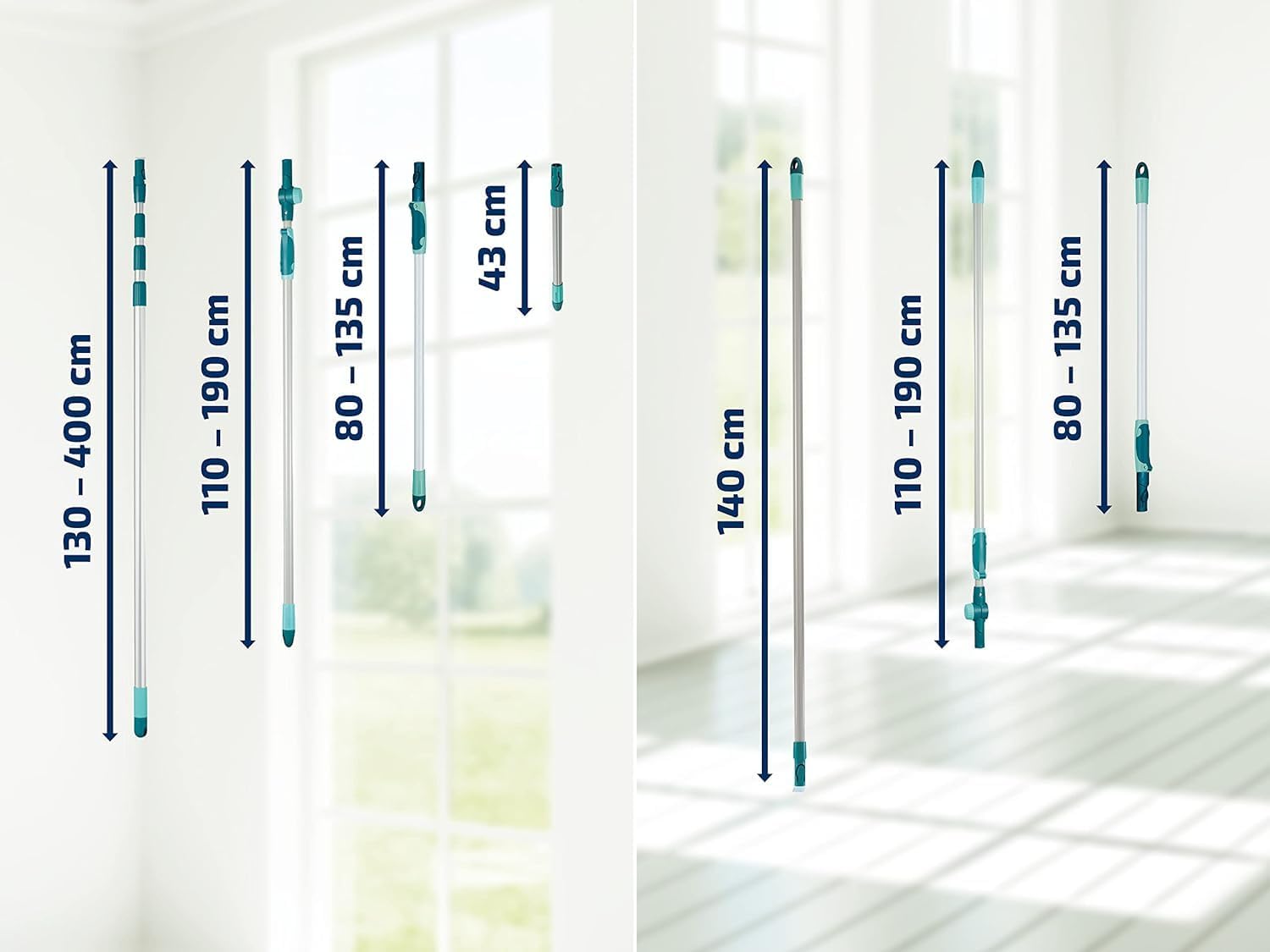 Leifheit Click System Handle, Mop Handle Adjustable and Extendable Between 145-400 cm, Telescopic Pole to Extend Reach of Squeegee, Duster or Mop Head
