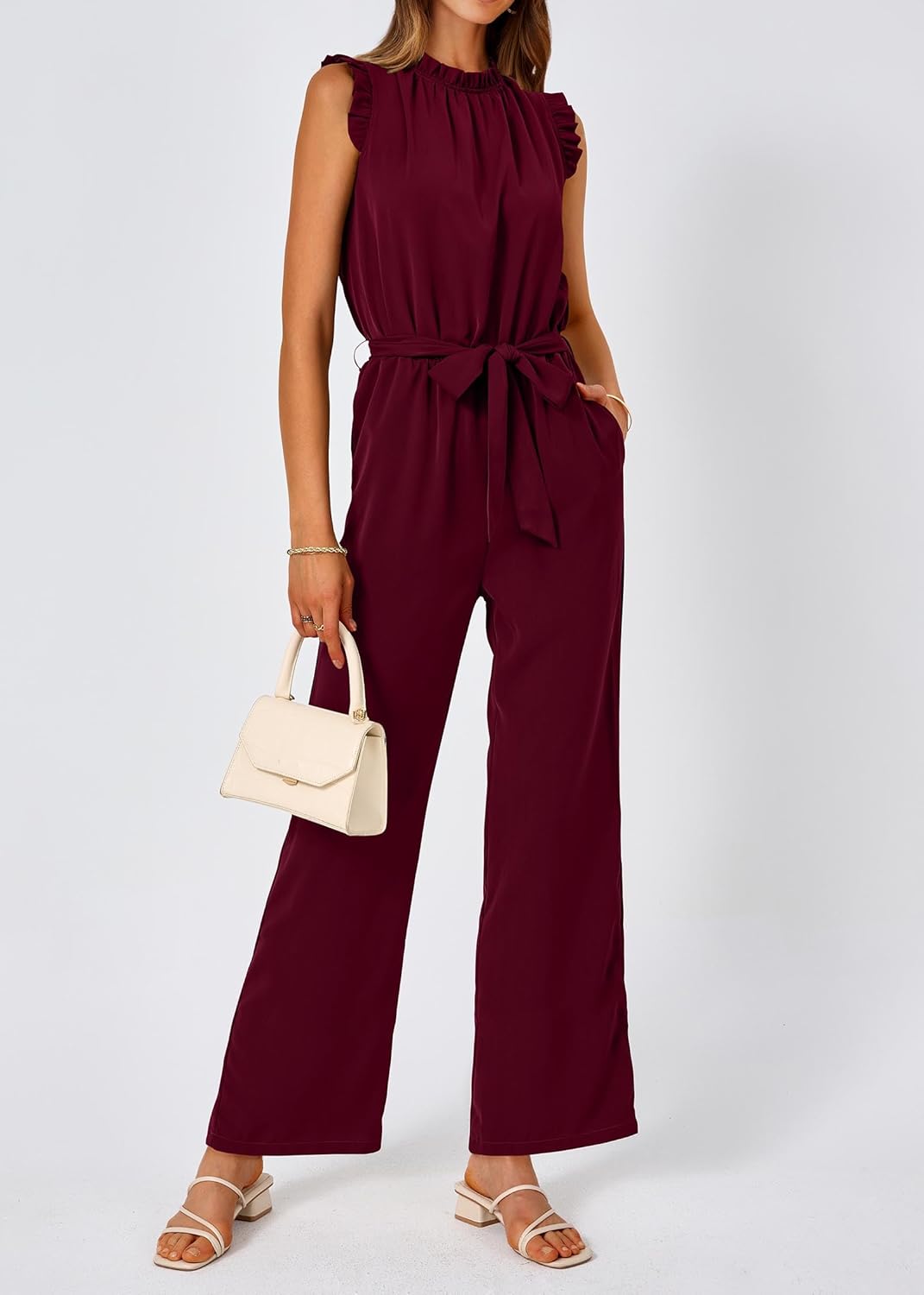 KIRUNDO Jumpsuits For Women Dressy Summer One Piece Sleeveless Ruffle Mock Neck Belt Pockets Formal Wide Leg Pants Romper - Image 5
