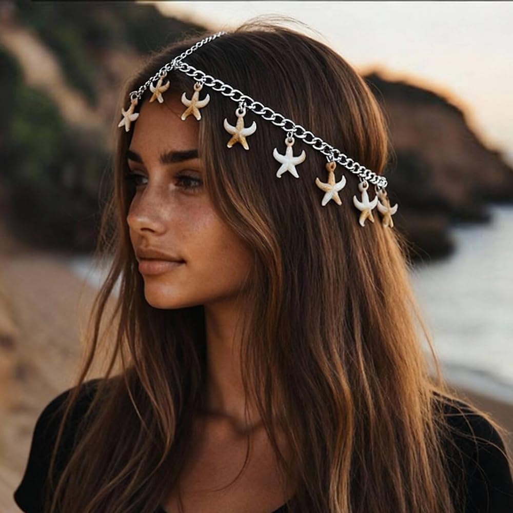 Teyglen Boho Starfish Head Chain Silver Mermaid Headpiece Summer Bohemian Shell Hair Chain Wedding Halloween Festival Headpiece Bridal Head Jewelry for Women
