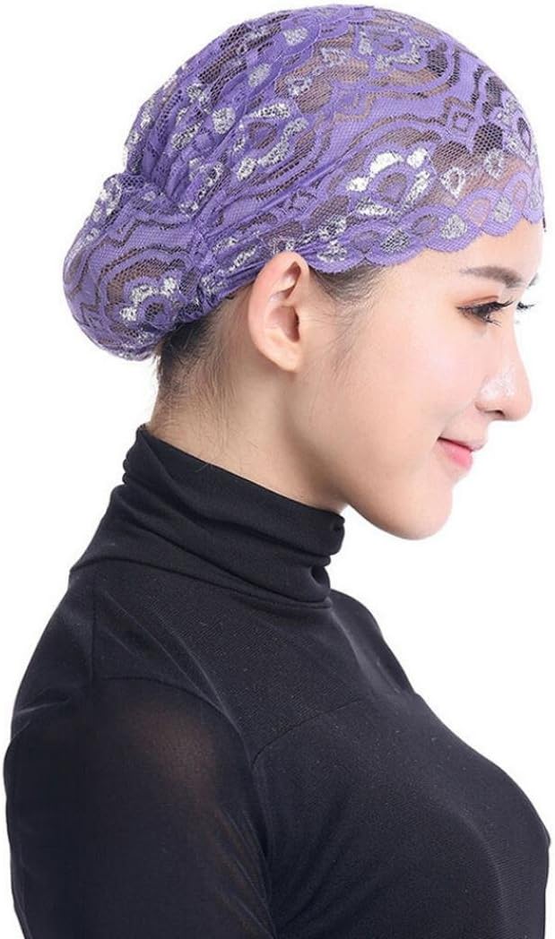 QingFan Women Muslim Hijab Ruffle Cancer Chemo Elegant Lace Hat Beanie Scarf Turban Head Wrap Cap (Purple)