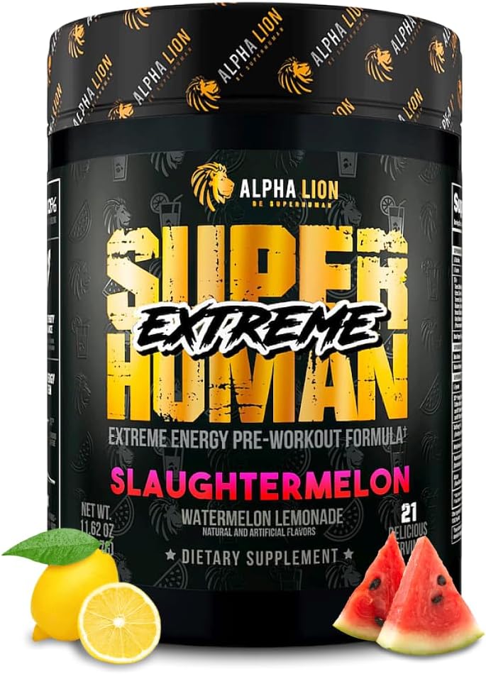 Superhuman Extreme High Stim Pre Workout Powder, Beta Alanine, L-Taurine & 356mg Tri-Source Caffeine for Sustained Energy, Nitric Oxide & Citrulline for Pump (21 Servings, Slaughtermelon)