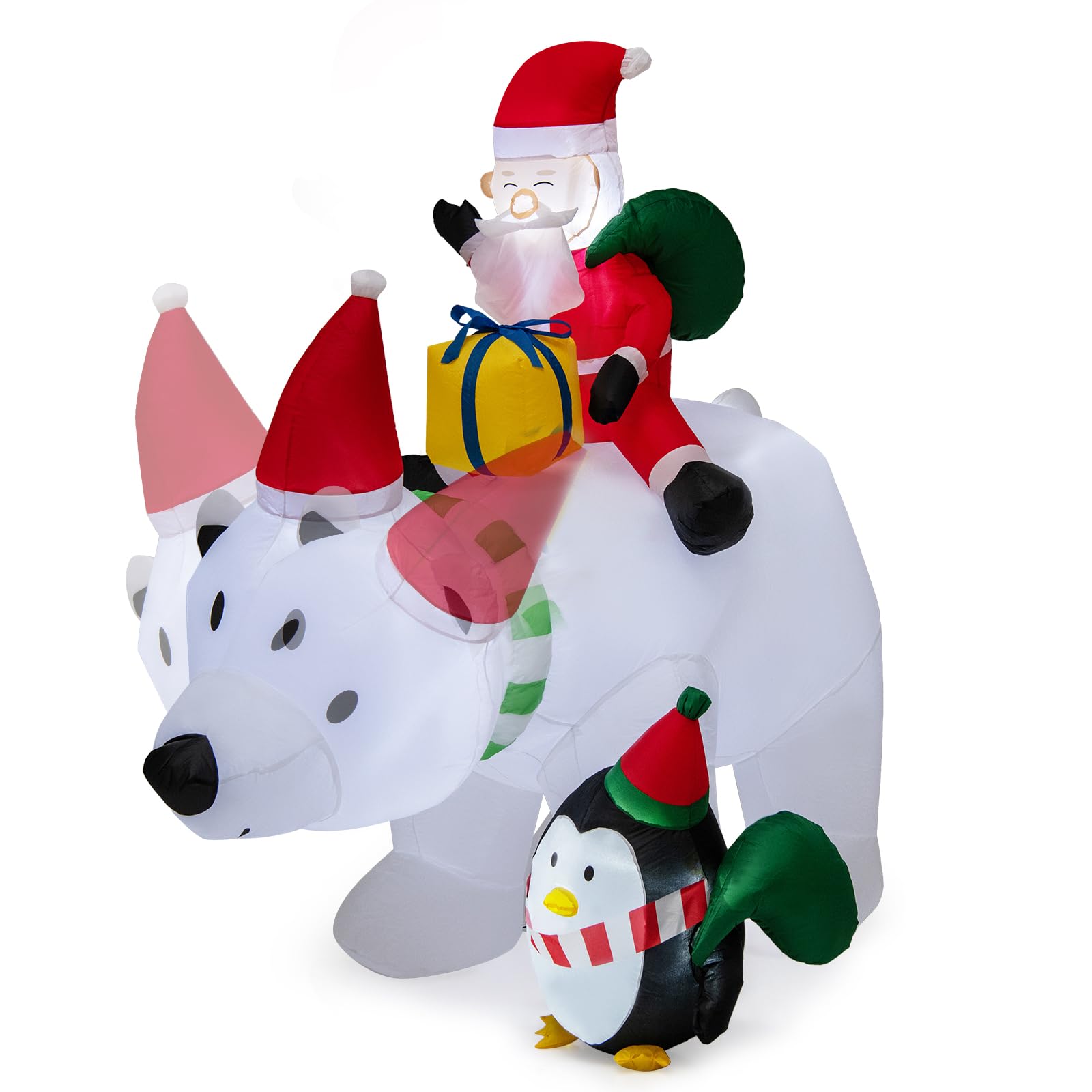 COSTWAY Decorazione Gonfiabile di Natale 210 CM, Babbo Natale Gonfiabile che Cavalca Orso Con Illuminata a LED, Funzione di Scuotimento della Testa, per Prato, Giardino e Cortile