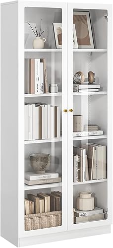 IRONMIX Estantería moderna con puertas y estantes, estantería de metal de 70.87 pulgadas de alto, estantería alta, gabinete vitrina de 5 niveles