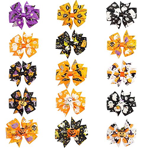 CN 3 Inch Colorful Halloween Pumpkin Grosgrain Ribbon Pinwheel Boutique Smurfs Hair Bows With Clip For Baby Girls Kids Teens Toddlers Chirldren - Best for Halloween -15 Pieces Mix