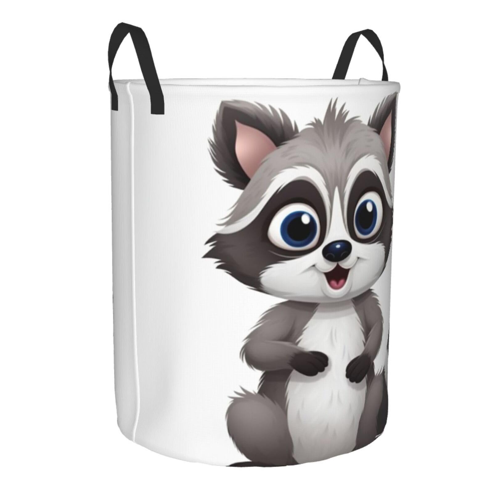 Cartoon cute raccoon print Circular Hamper Waterproof Storage Bin Organizer Basket Laundry Hamper With Handles For Clothes Toys Medium