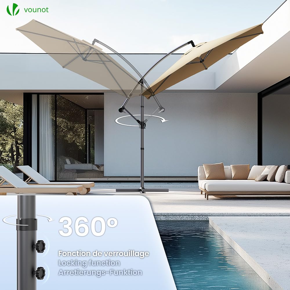 VOUNOT Ombrellone da Giardino Decentrato 3M con Base a Croce e Cinghia Antivento Protezione UV Cachi