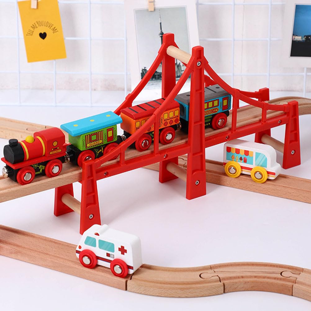 HOMSFOU Wooden Train Bridge Track Red Arch Compatible with Brio Train Track Set for Kids Wooden Railway Expansion and Creative Play - Image 3