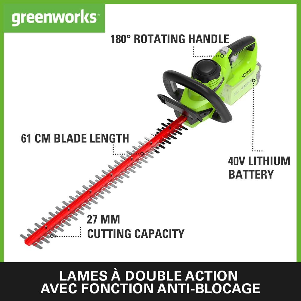 Greenworks G40HT61K2, Taille-Haie à Batterie, Lames Double Action 61 cm, Coupe jusqu'à 27 mm d'Épaisseur, 3000 tr/min, Batterie 40V 2Ah et Chargeur, Garantie 3 Ans
