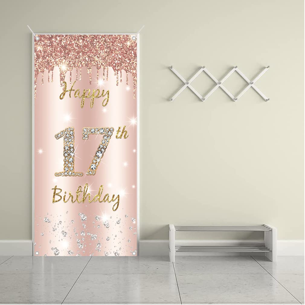 17. urodziny dziewczyna dekoracja, Happy 17 Birthday drzwi w kolorze różowego złota, baner z materiału na 17. urodziny materiał szyld plakat dekoracja drzwi baner, tło baner urodziny tło baner dekoracja na przyjęcie urodzinowe