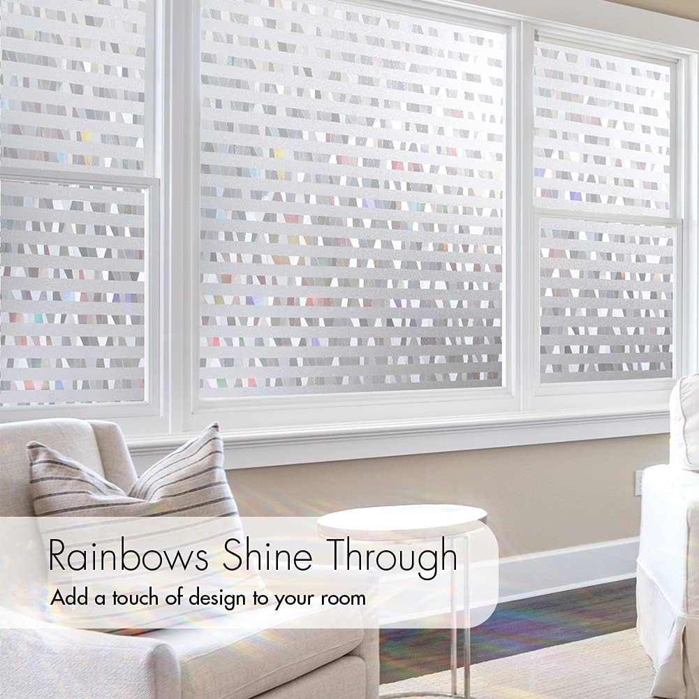 rabbitgoo Window Privacy Film, Rainbow Window Clings，Removable Static Cling Window Film Stickers, Decorative Window Decals Stained Glass Door Film, Sun Blocking Window Tint, Stripe 35.4" x 78.7 "
