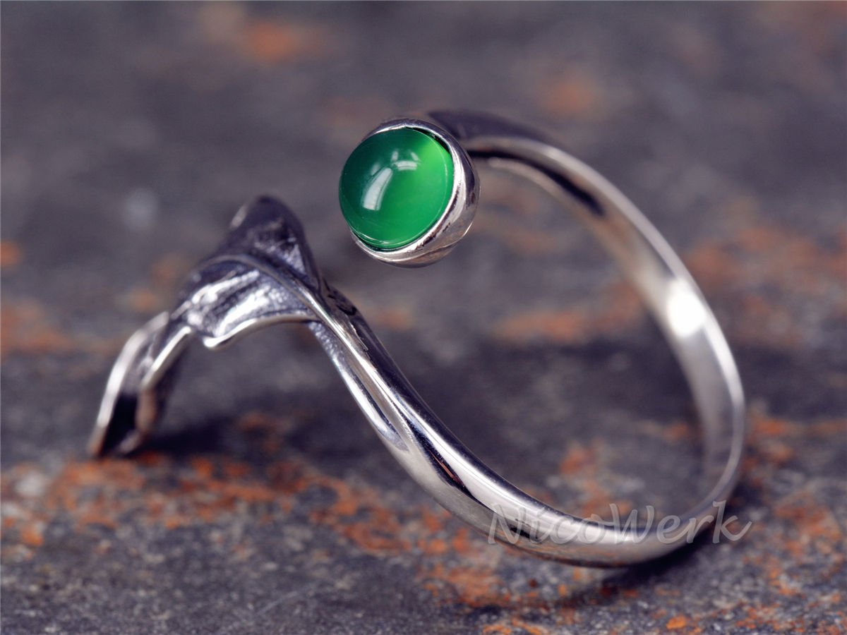 NicoWerk Silberring Feder Vintage Chalcedon Mit stein Grün Ethno Ring Silber 925 Verstellbar Damenringe Damen Schmuck Sterling SRI264