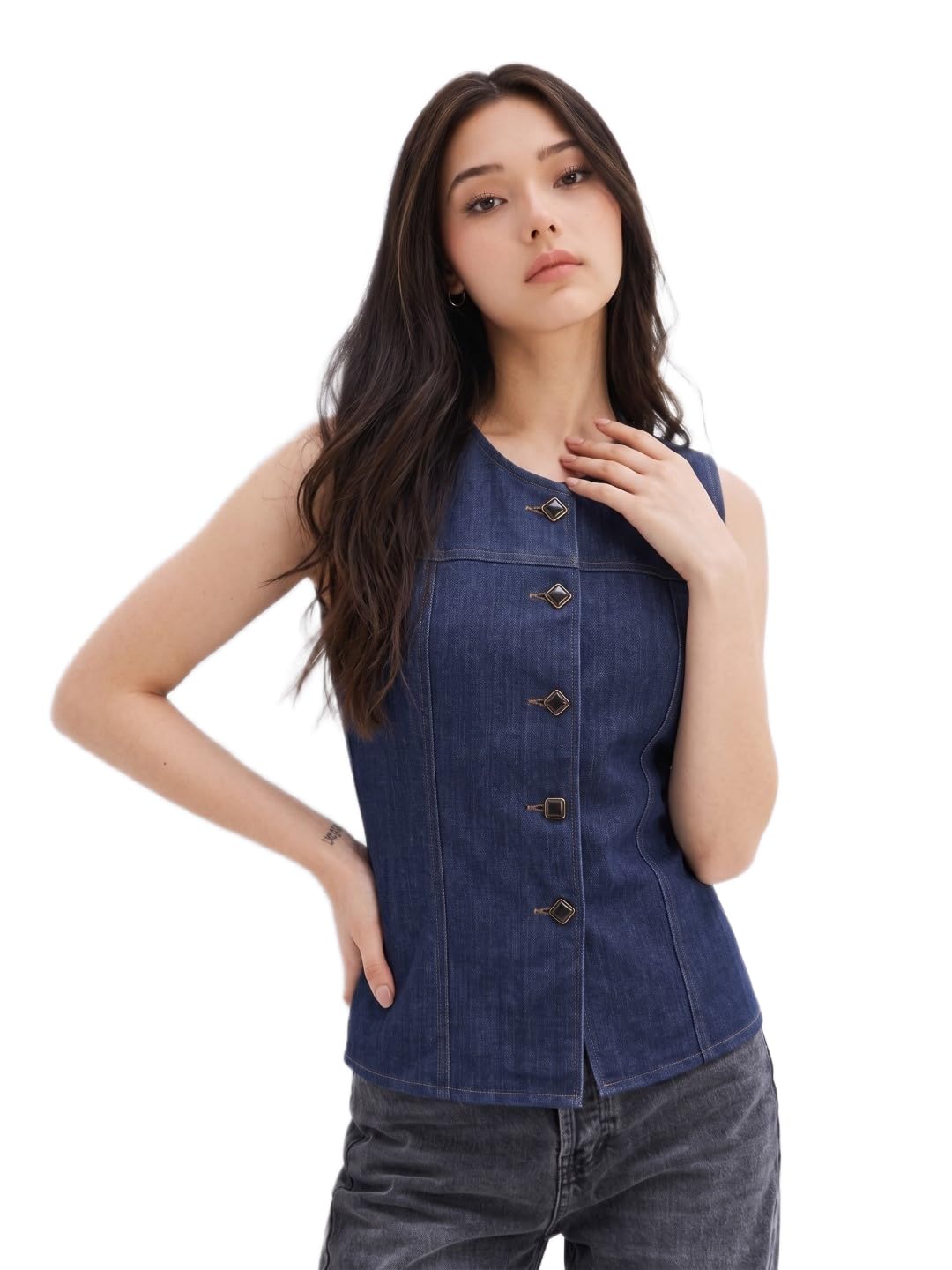 Tailored Panel Denim Sleeveless Jacket-image-26