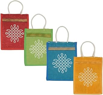 LOVENSPIRE Printed Jute Burlap Tote Gift Bags Ideal for Wedding, Housewarming Favors, Traditional Indian Return Gifts