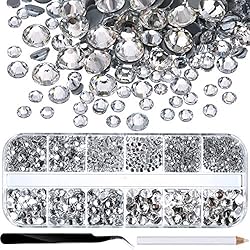 2000 Piezas de Diamantes de Imitación de Espalda Plana de Vidrio Hot Fix Gemas Cristales Redondas 1,5-6 MM (SS4-SS30) en Caja de Almacenamiento con Pinzas y Bolígrafos de Diamantes(Transparente)