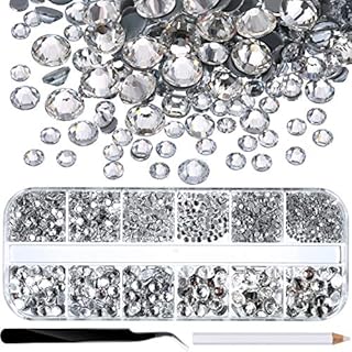 2000 Pieces Hot Fix Glass Flatback Rhinestones HotFix Round Crystal Gems 1.5-6 MM (SS4-SS30) in Storage Box with Tweezers and Picking Rhinestones Pen (Clear, 6 Sizes)