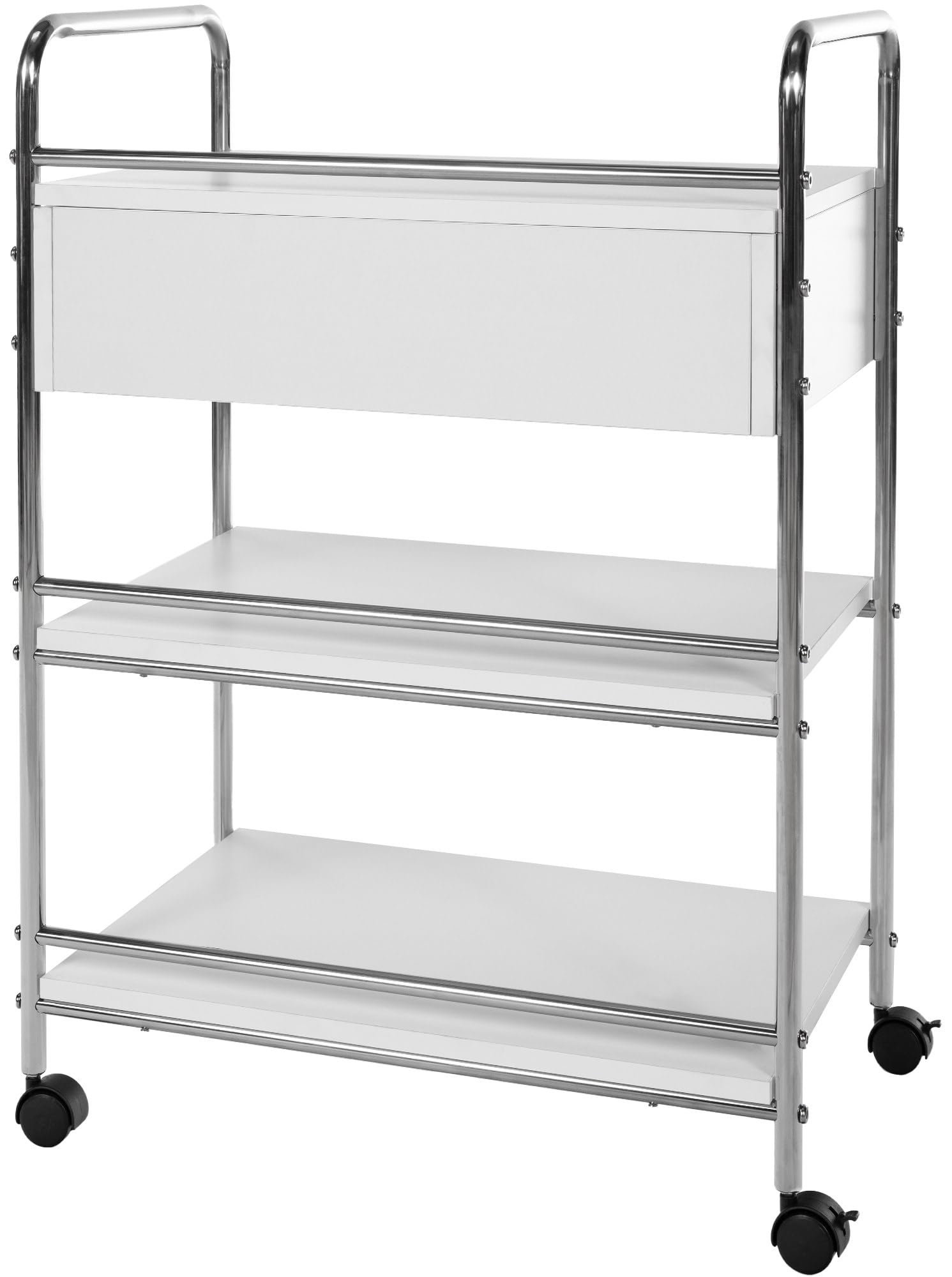 CLP Carrello PL912 I Carrello per attrezzature su rotelle I Carrello per cosmetici con cassetto e tre ripiani I Carrello multiuso, Colore:bianco
