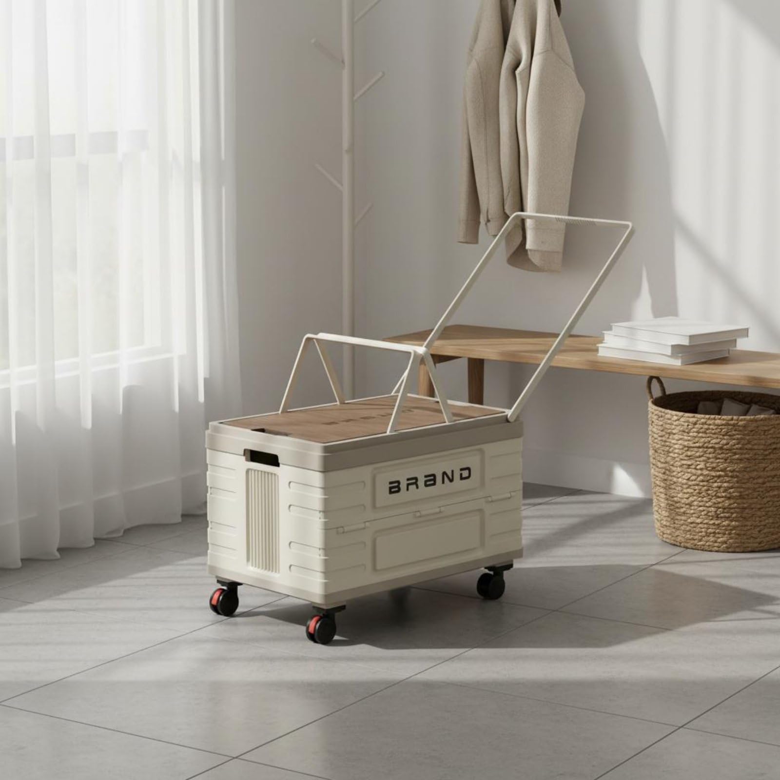Colcolo Faltbare Aufbewahrungsbox Klappkiste Transportkiste Rollkiste Organizer mit Rollen Und Ziehgriff aus PP mit, Campingwagen Mit Zuggriff, 52L, Elegantes Weiß, Holzdeckel