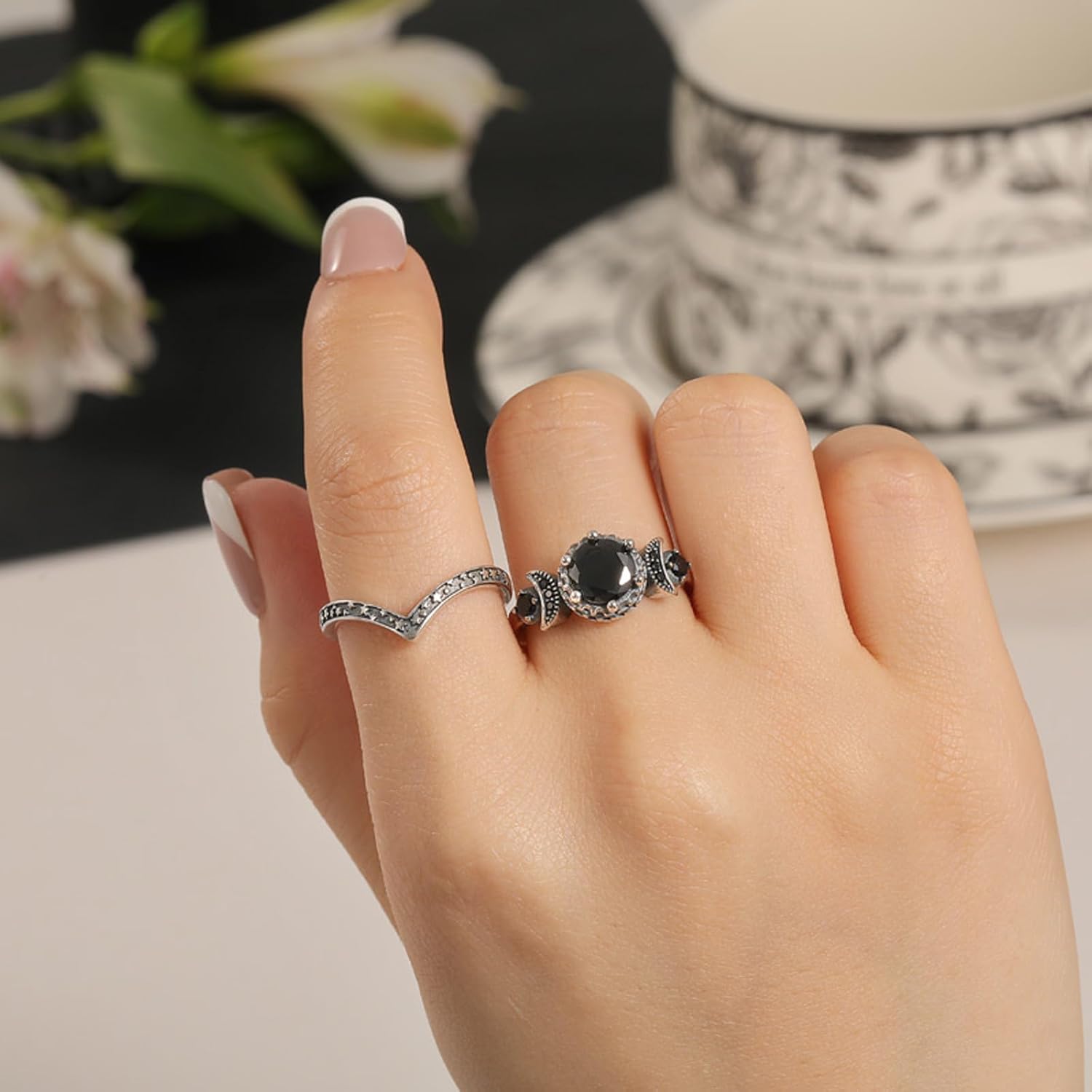Jeulia Black Wedding Ring Set for Women Triple Moon Goddess Stackable Ring Set Sterling Silver Promise Engagement Wedding Rings Bridal Sets with Gift Box