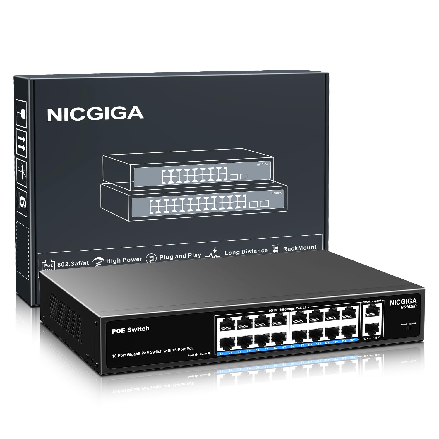 NICGIGA Switch Poe Gigabit a 16 Porte Non gestito, Poe+ a 16 Porte a 250W, 2 Porte uplink Gigabit, Switch Power Over Ethernet di Rete Gigabit 18 Porte, modalità VLAN, Montaggio su Rack da 19 Pollici