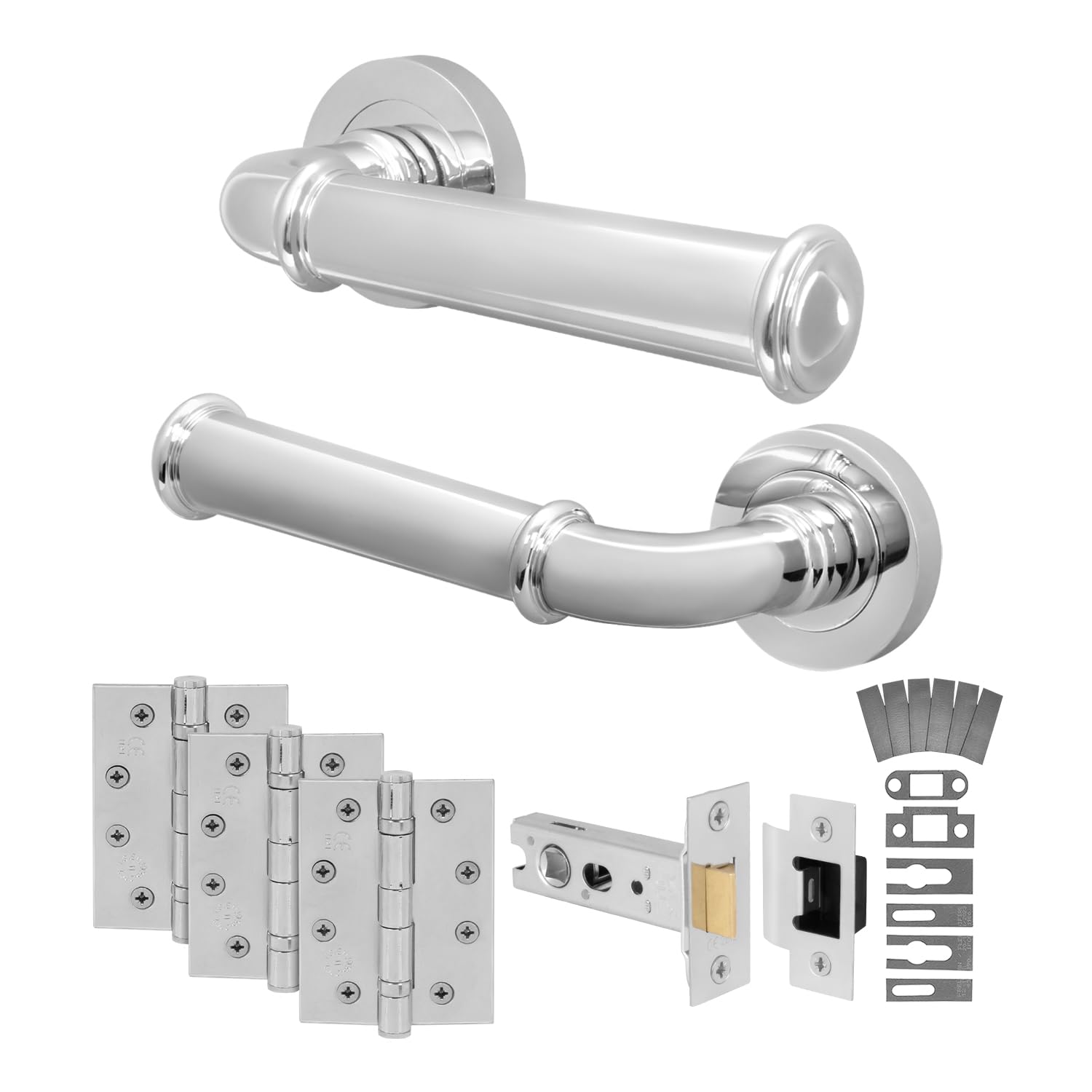 EAI Chrome Fire Door Handle Latch Set, Polished Chrome Internal Fire Rated Door Handle with 76mm Latch and 102mm Hinges, Cerro Range 1 Pack