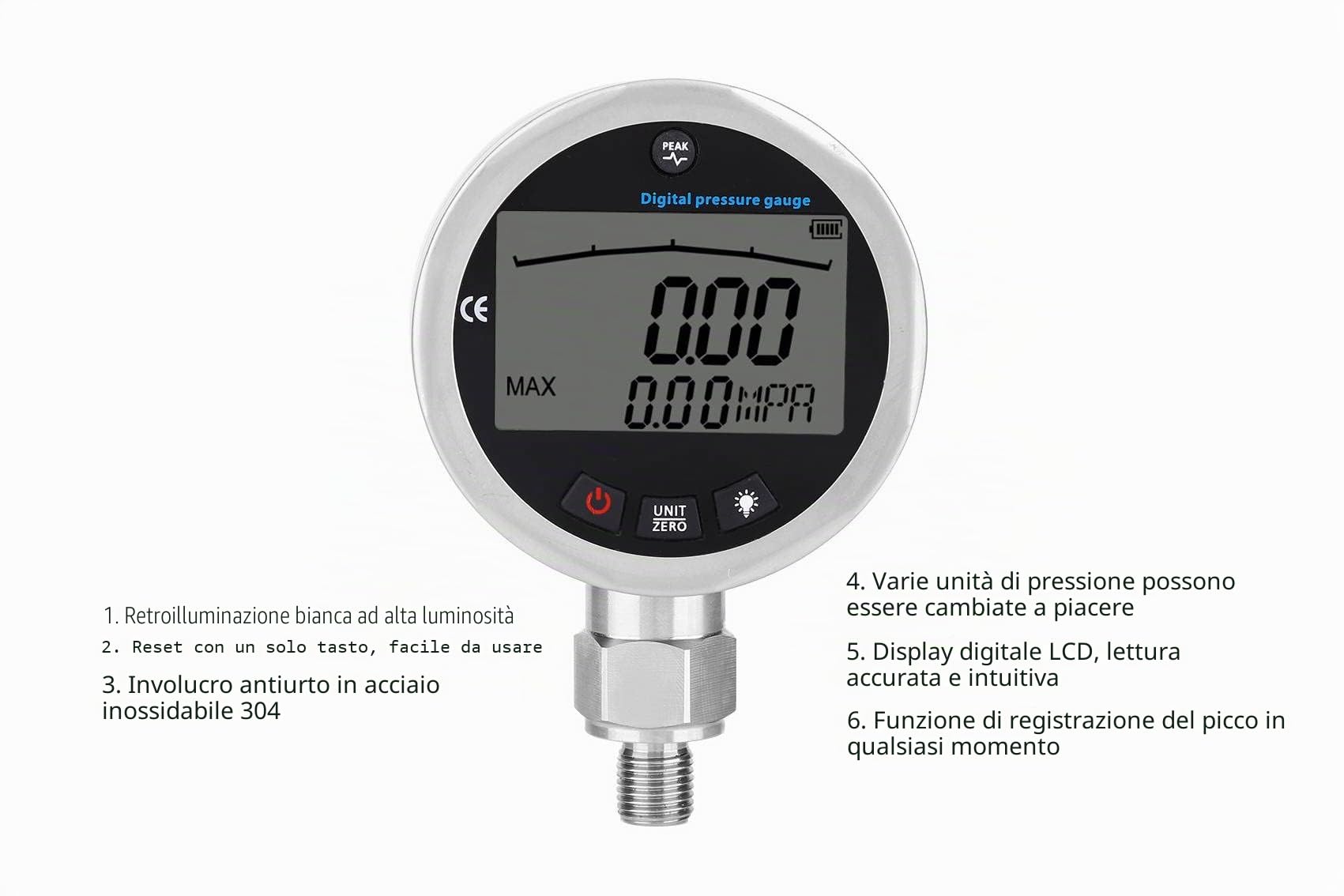 Akozon 400BAR 0-40MPa 10000PSI LCD schermo digitale tester pressione aria con connettore G1/4