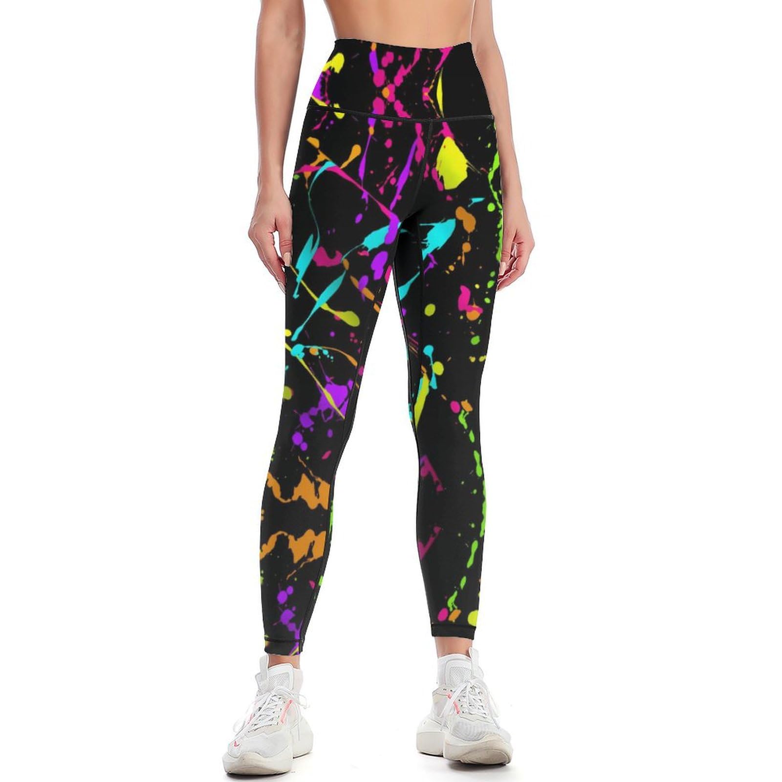 LNFZiZO Glow in Dark Splatter Neon (11) Women's Yoga Pants with Pockets High Waist Tummy Control Workout Yoga Leggings