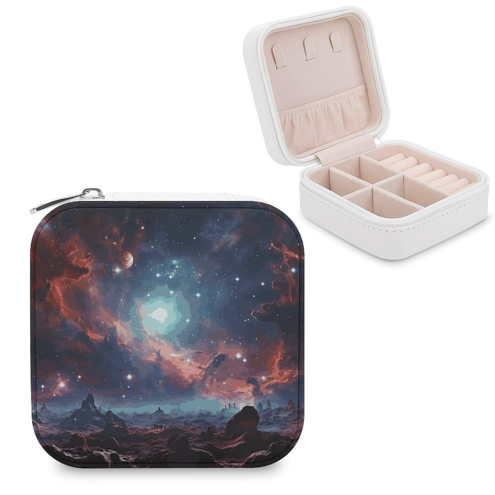 MUSM Space with Cluster Travel Jewelry Case Personalized PU Leather Jewelry Boxes for Women Small Portable Jewelry Organizer Box Cute Trinket Box for Necklaces Rings Earrings & Gifts