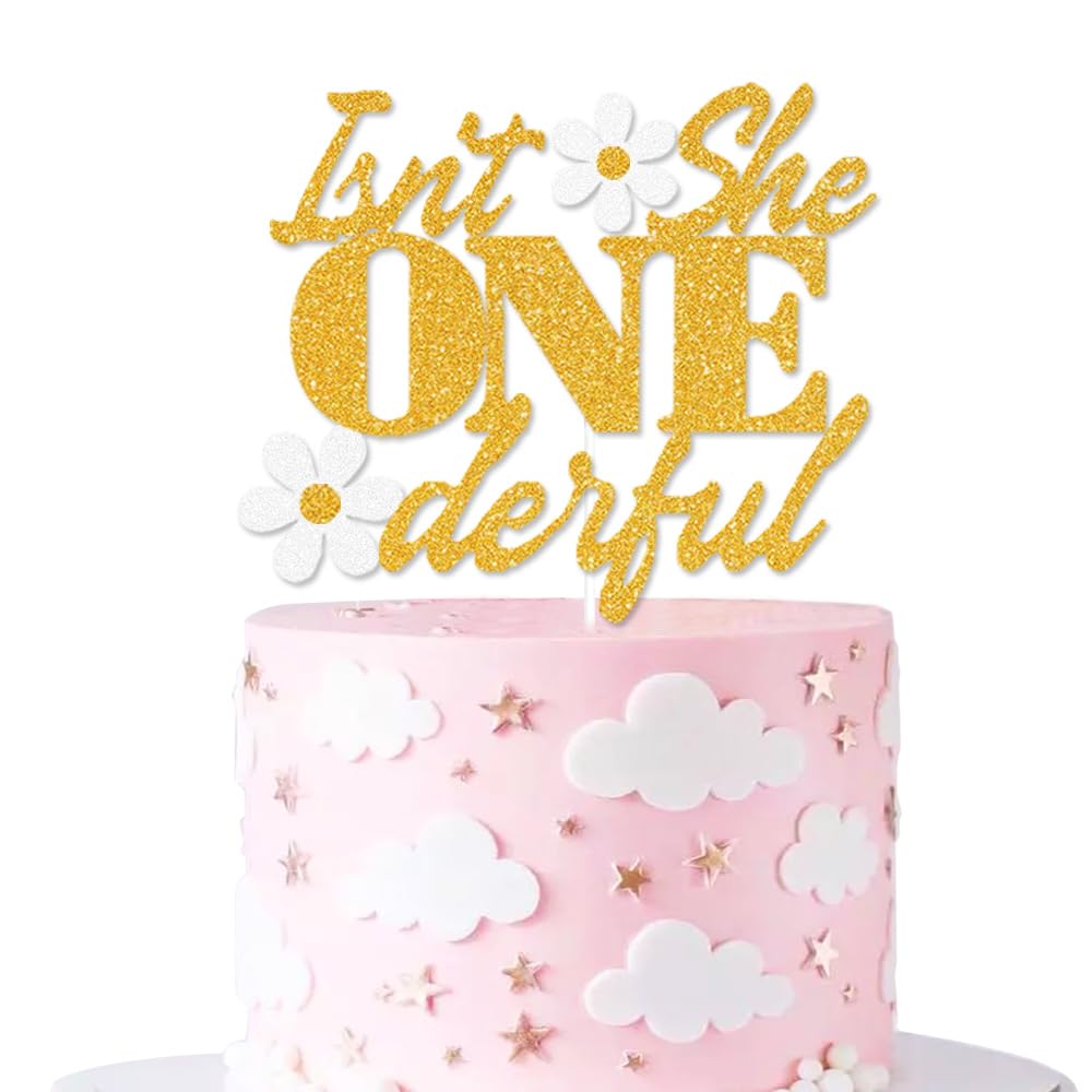 Isn't She ONEderful Cake Topper 1st Birthday Cake Topper Baby Girl's Boho Daisy Cake Decorations for 1st Birthday Baby Shower Gender Reveal Party Supplies