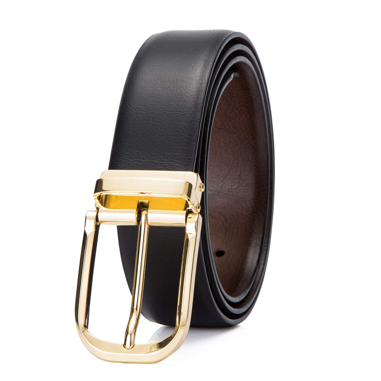 Men's Reversible Belt, Men Leather Buckle Belts, Casual Dress Belt with Single Prong Buckle, Trim Fit Adjustable Belt for Men, Cantaloupe Gold