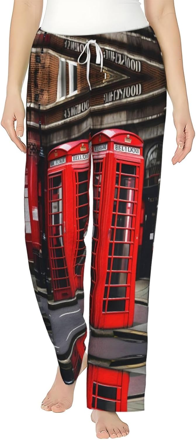 Phone Booth London Street Print Cozy Flannel Pajama Pants For Women,Warm Christmas Pj Pants,Cute Fleece Pajamas