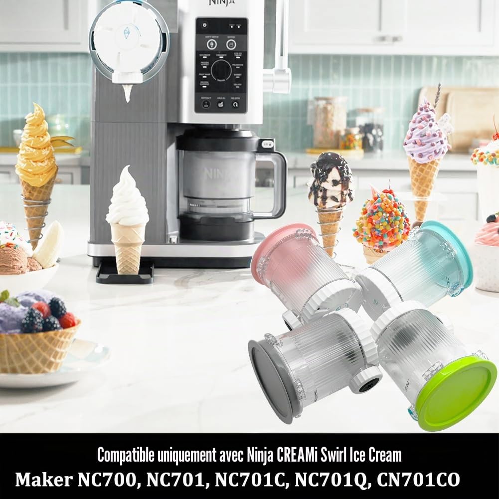 Pot et Couvercle pour Ninja Swirl by CREAMi Sorbetière et machine à glaces, Lot de 4 Bol Bacs à Crème Glacée pour Creamy NC701EU NC701 NC700 Série, Sans BPA et Lavable au Lave-Vaisselle