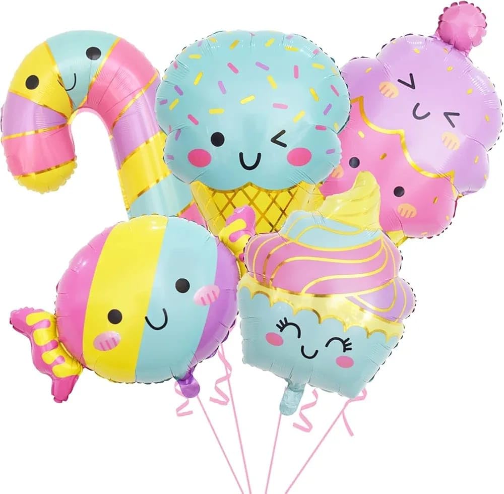 Ice Cream Theme Foil Balloon Set – Ice Cream Cone, Cupcake, Candy Cane & Candy Shaped Balloons for Birthday Party Decorations, Kids Celebrations, Baby Shower, Dessert Theme-image-4