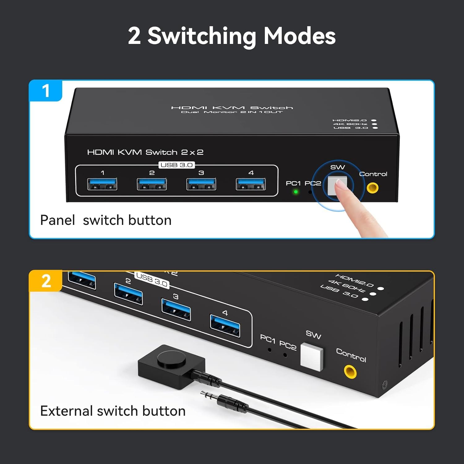 VPFET HDMI KVM Switch 2 PC 2 Monitore 4K60Hz KVM Switches Dual Monitore mit 4 USB Ports Unterstützung Kopieren und Erweiterte Anzeige und Desktop Steuerung Inklusive 2 USB3.0 Kabel