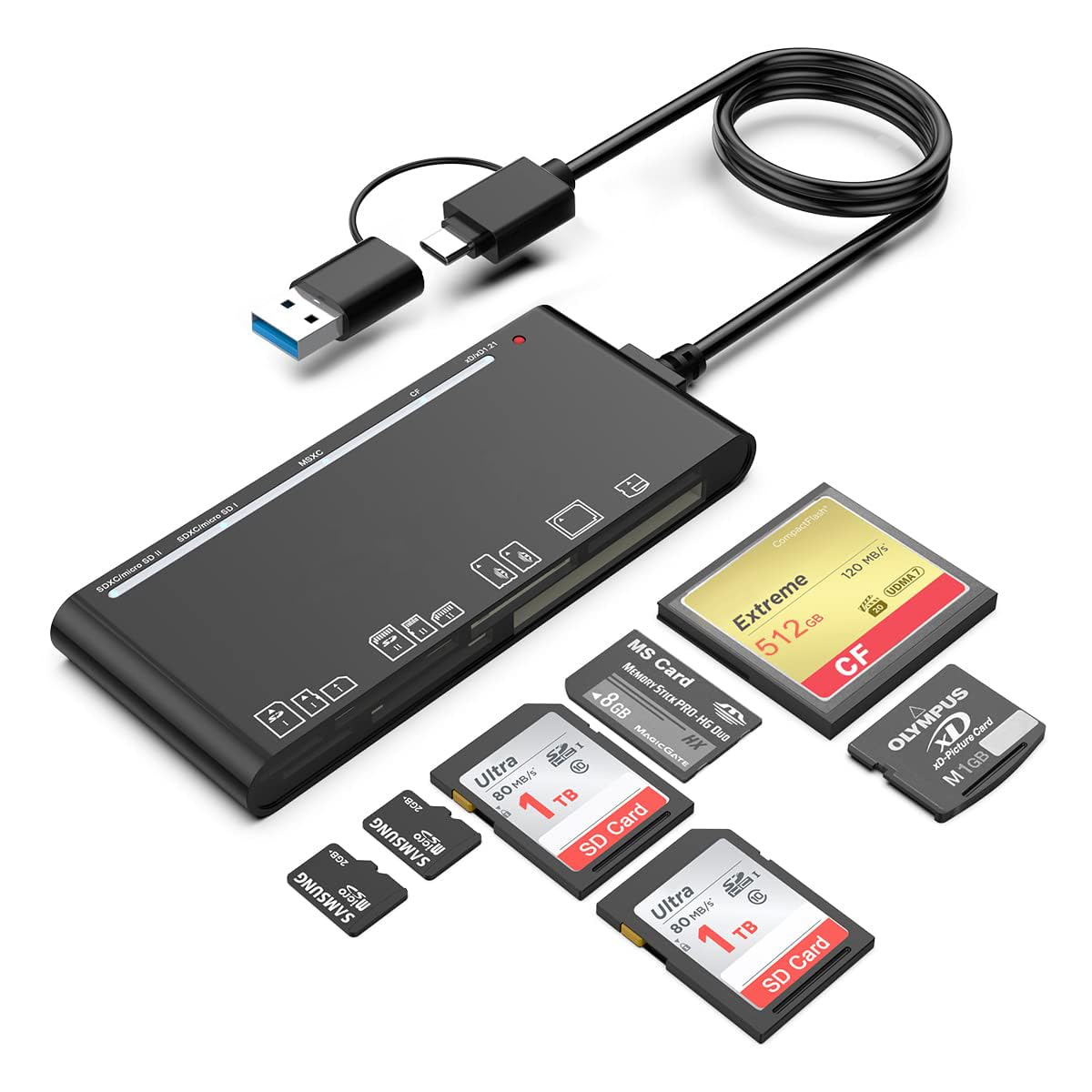 ZORBES® USB Card Reader USB C Card Reader 7 in 1 USB 3.0 Card Reader with Indicator Light High Speed USB/USB C Card Reader for CF Cards/XD Cards/MS Cards/SD Cards/TF Cards Camera TF Card Reader