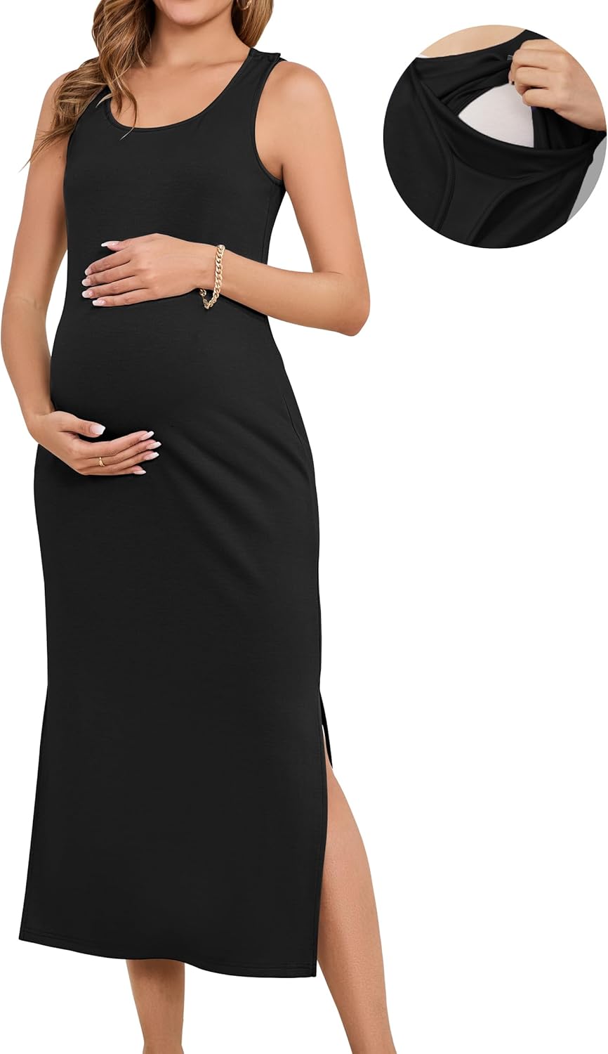 OUGES Womens 2026 Summer Maternity Nursing Dress Split Midi Sleeveless Breastfeeding Dress Scoop Neck Pregnancy Clothes - Image 5