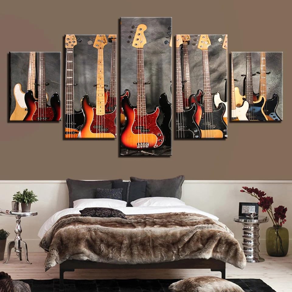 Decoration murale musique de guitare basse toile de qualite superieure en 5 panneaux encadres