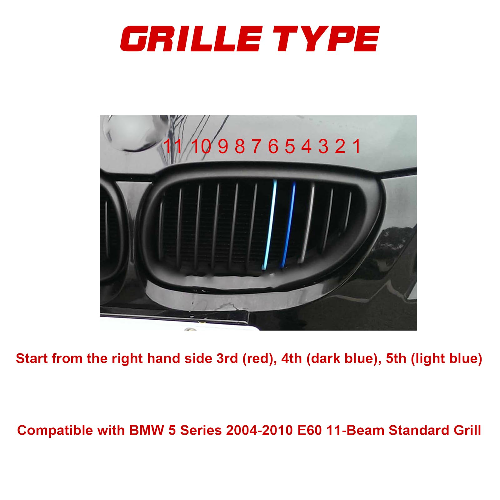 x xotic tech Iconic 3-color Tri Grille Insert Trims Strips, Front Center Kidney Grilles Compatible with BMW 5 Series E60 525i 528i 530i 535i 540i 545i 550i M5 2004-2010 (11 Beam Bars)