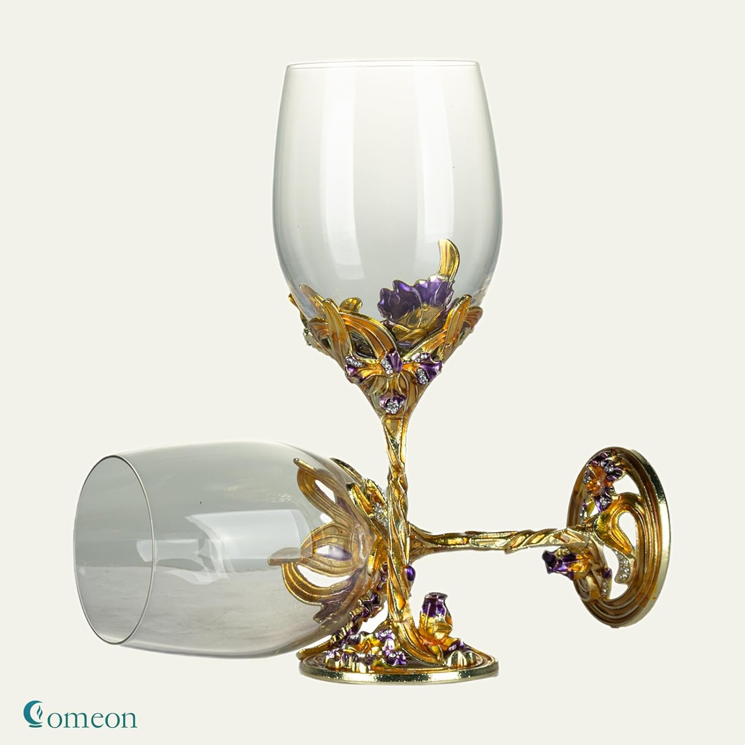 Comeon Wine Glasses Crystal Red Wine Glasses Elegant Champagne Glasses Enamels Floral Decorative Goblets(Golden /2 set(gift box))