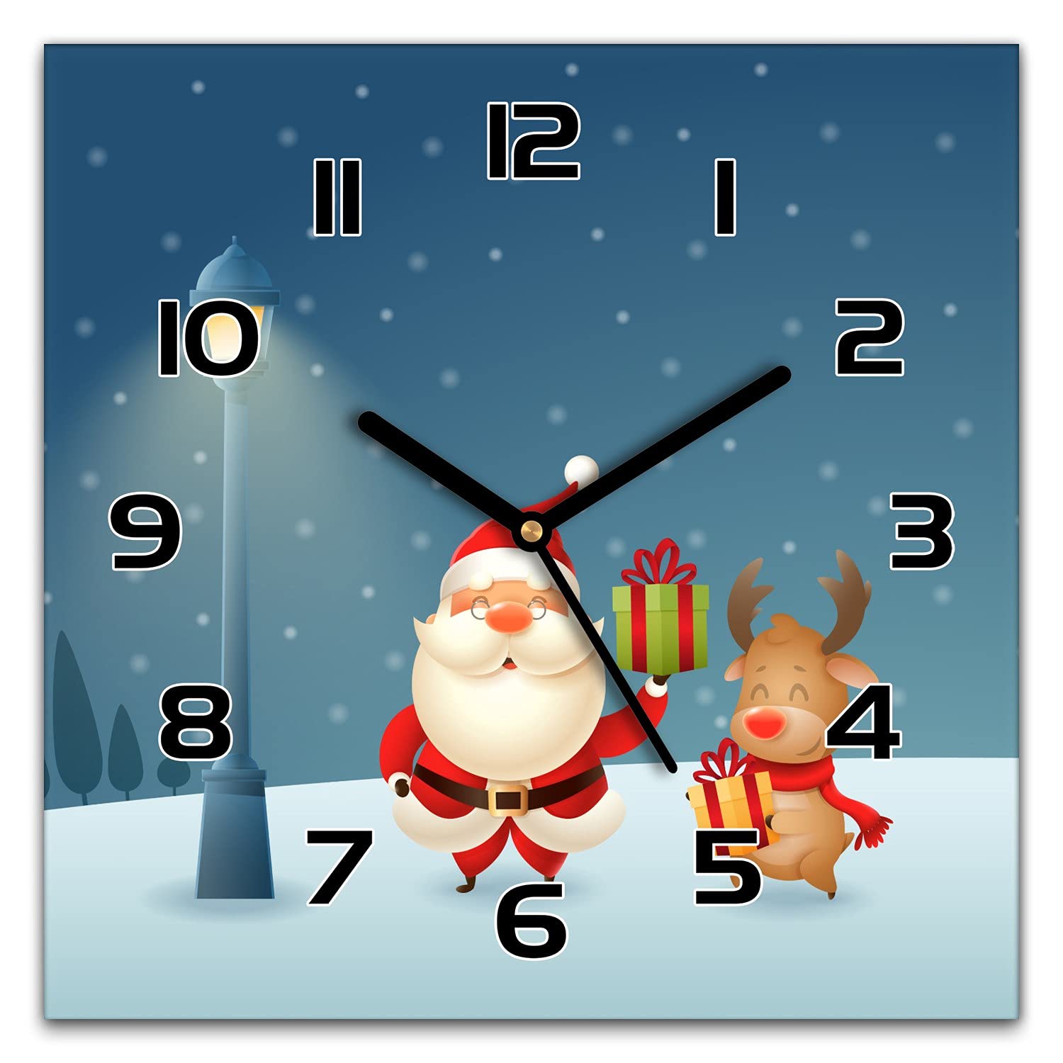 Horloge murale Noël 30x30 cm en verre avec aiguilles noires de Santa Claus
