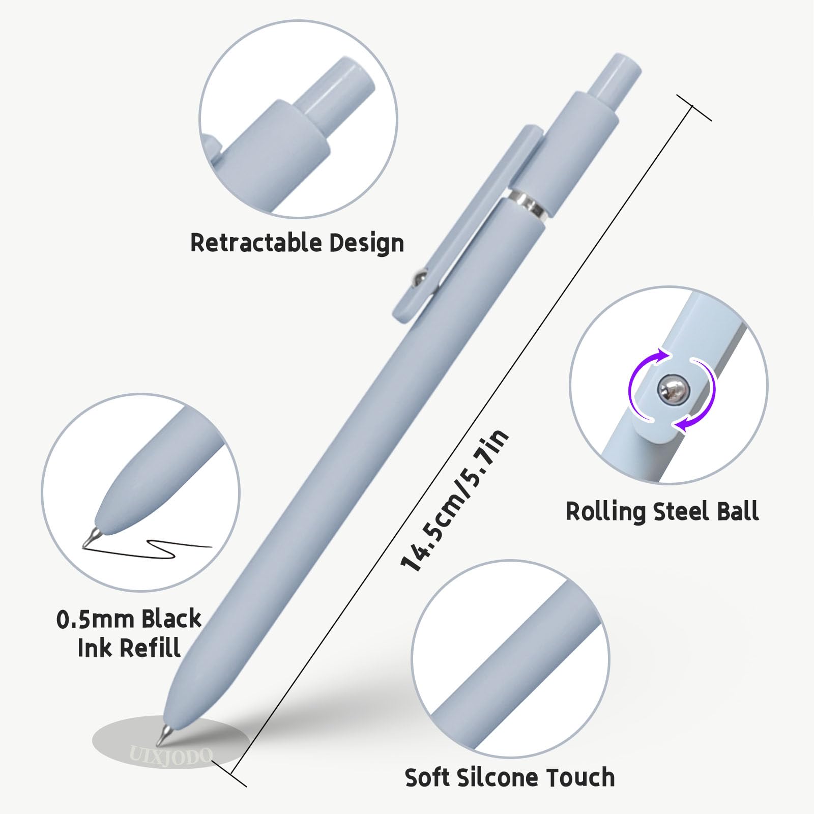 UIXJODO Gelpennen, 5 stuks 0,5 mm Japanse zwarte inktpennen, fijne punt, gladde schrijfpennen met siliconen grip, hoogwaardige serie, metalen clip, intrekbare pennen (5 stuks Morandi