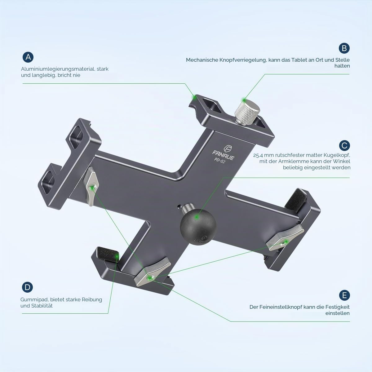 FANAUE Tablet-Halterung für das Auto mit Kugelkopf, leichtes Design, um 360 Grad drehbare iPad-Halterung - für Ihre Windschutzscheibe, Armaturenbrett oder Schreibtisch, kompatibel mit Allen