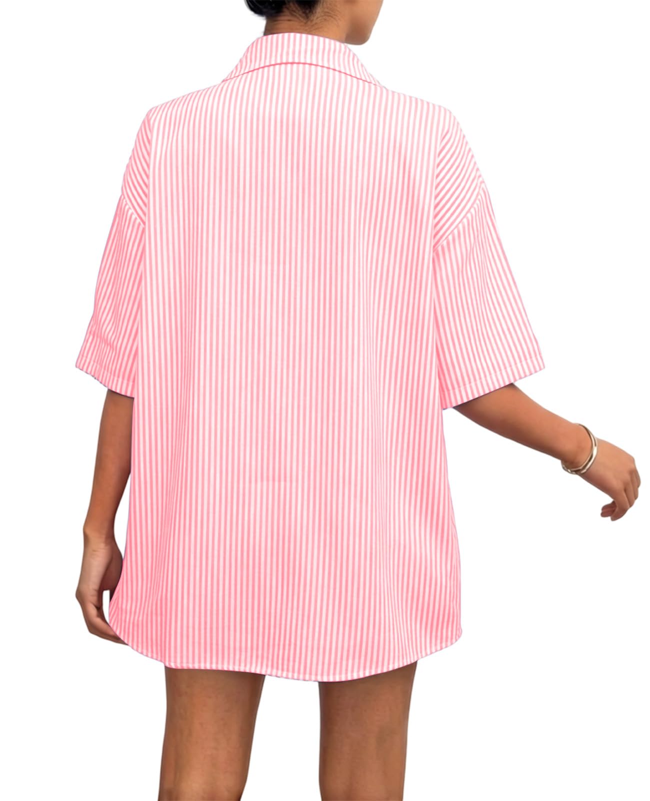 Rayson Ensemble Short Deux Pièces Femme Ete Rayé Survetement Chemise à Manches Courtes et Short à Cordon Tenue Femme Été Vetement pour Casual Plage Travail