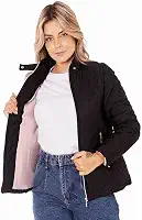 Jaqueta Feminina Forrada Corpo e Mangas Com Pelo Fleece Pelúcia Puffer Bobojaco Nylon Matelado Losangulo Acolchoado Gominho Inverno Frio