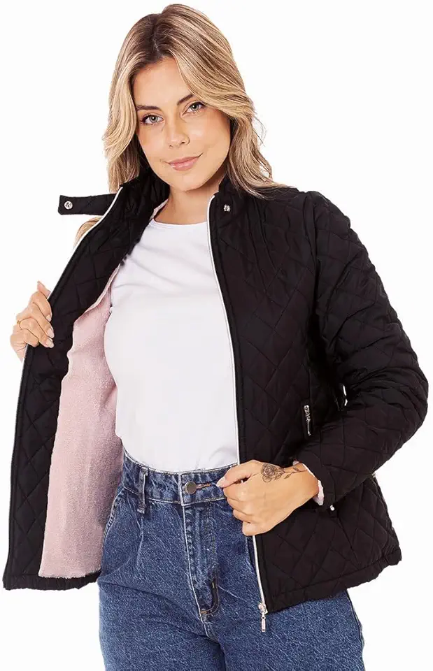 Jaqueta Feminina Forrada por dentro Com Pelo Fleece Pelúcia Puffer Bobojaco Nylon Matelado Losangulo