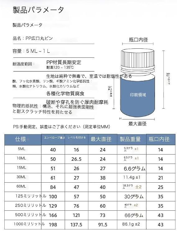 試薬瓶 実験用容器瓶 PPボトル ポリ容器 広口丸形ボトル 保存容器 50個入 小分けにする ボトル125ml